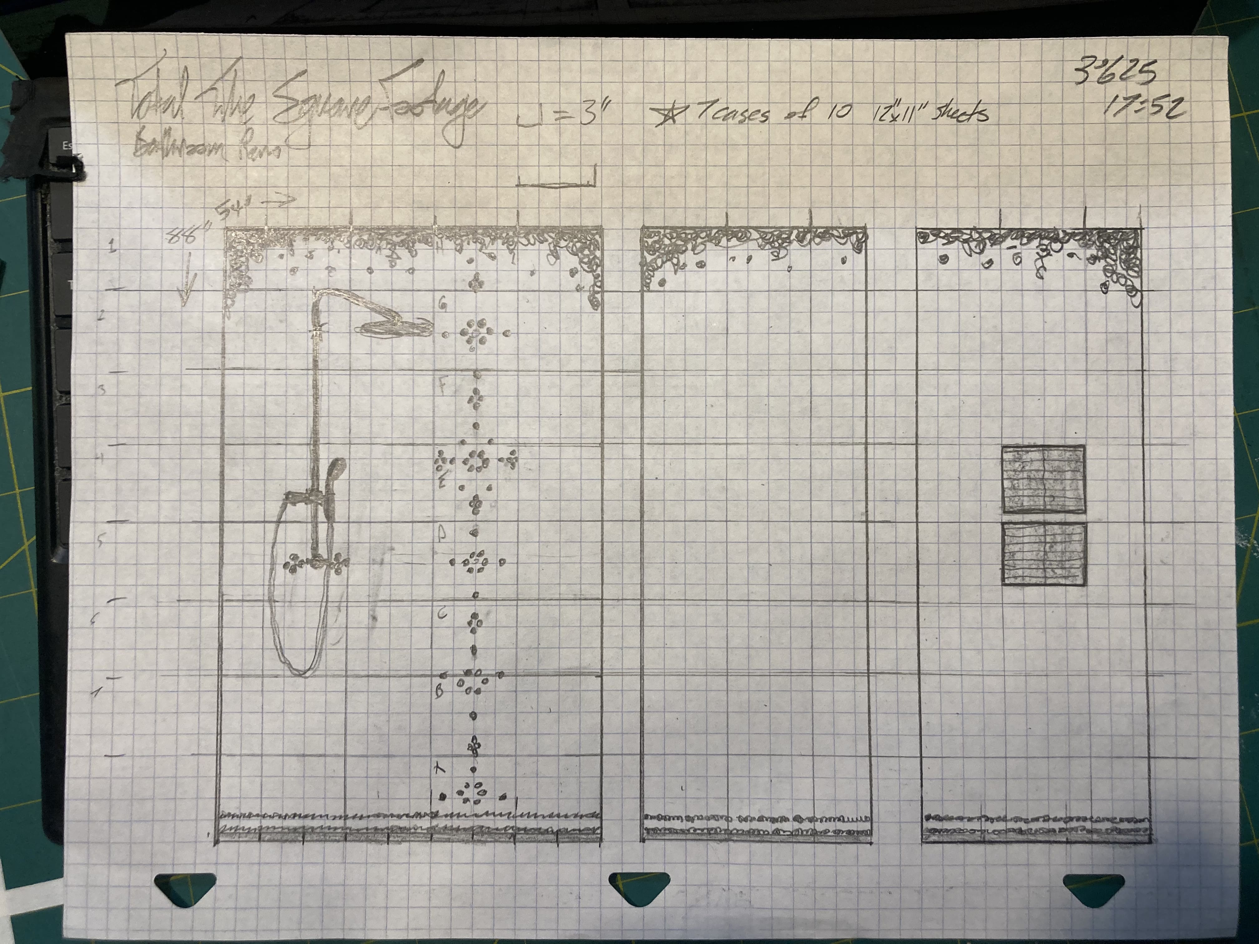 Pencil drawing to calculate the amount of tile needed for the shower