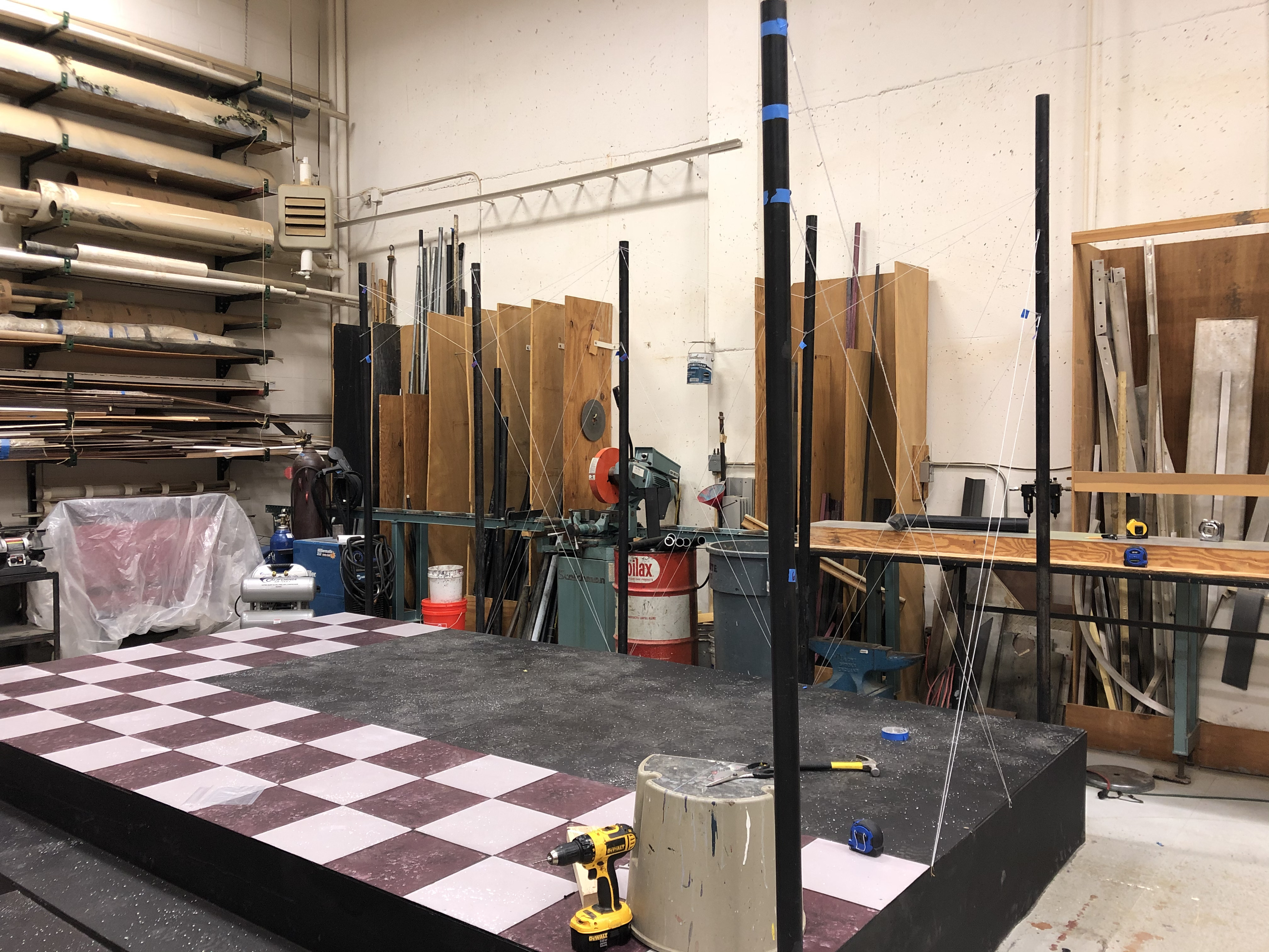 Staged area under construction in the scene shop