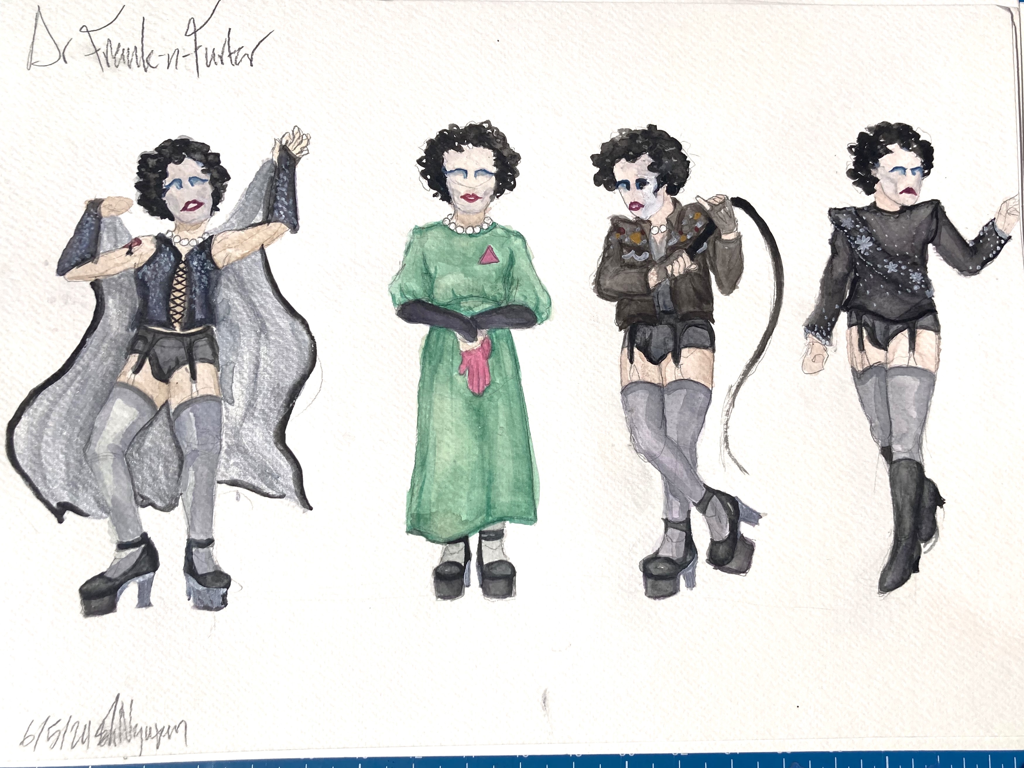 Water color studies of Dr. Frank-N-Furter's costumes throughout the film