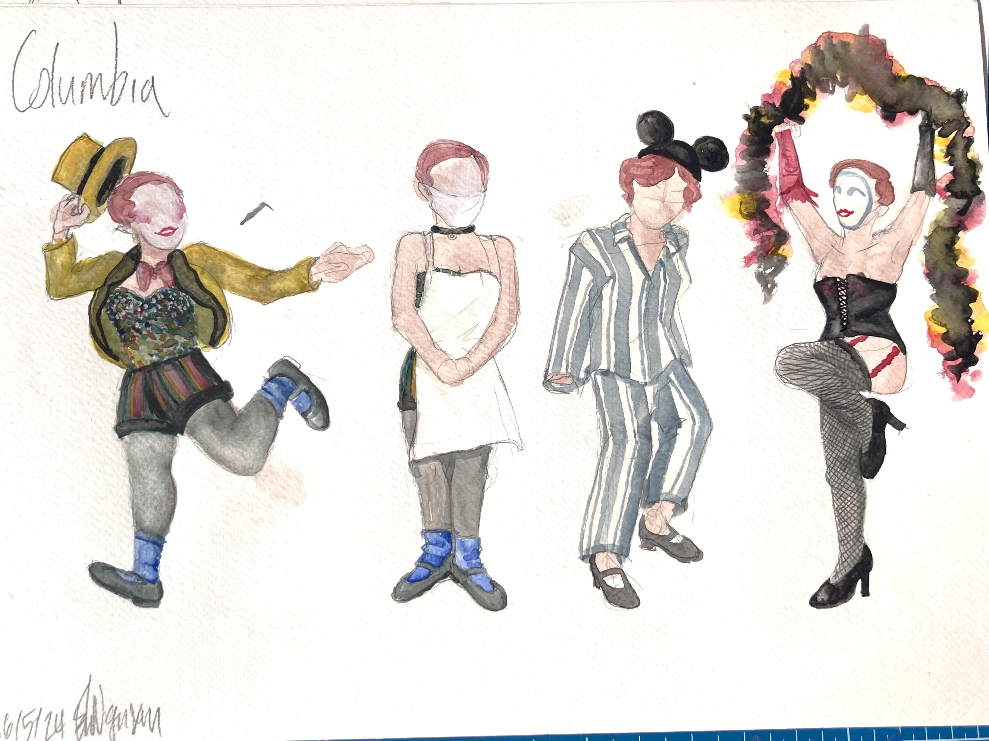 Watercolor studies of Columbia's costumes throughout the film
